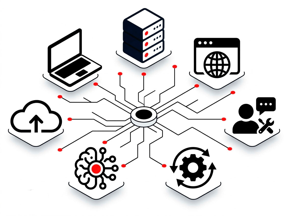 Resettecnic | Solucions Tecnològiques 360° per a Empreses... Representació gràfica de les 7 solucions tecnològiques 360 de Resettecnic: informàtica, sistemes, web, cloud, intel·ligència artificial, programari i suport IT...